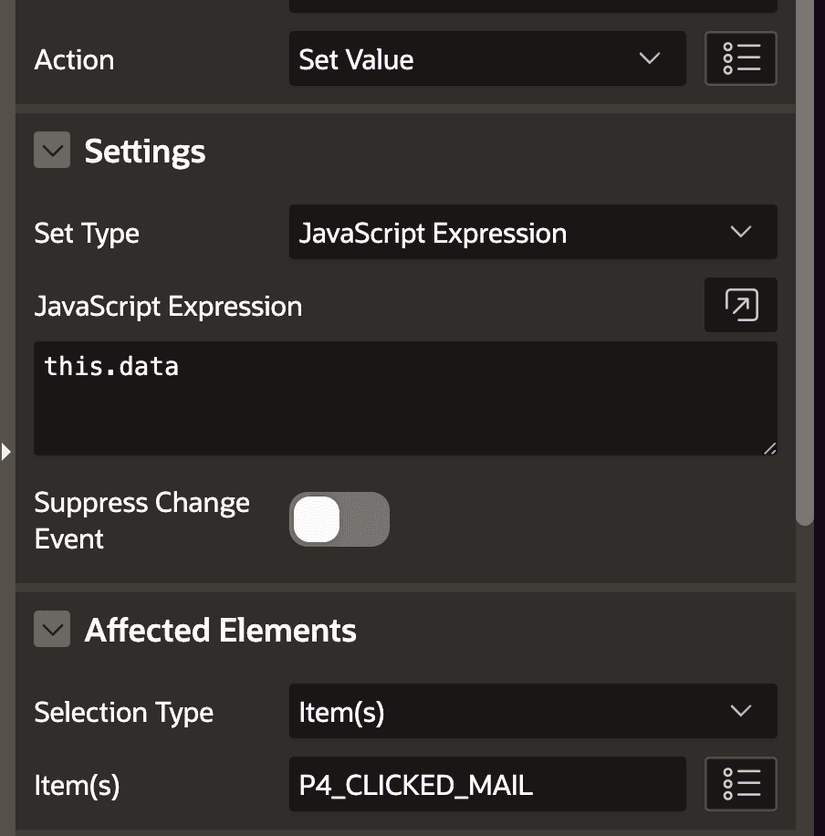 A dynamic action with a 'Set Value' action. The page item is set to the value of the event. The value type is JavaScript with this.data as a value.