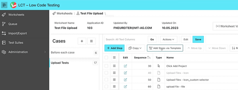 On a page you see a selected case and the list of steps in an interactive grid. In the grid header the button 'Add steps via template' is highlighted.