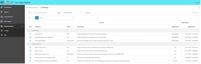 Screenshot of the Admin Settings page in LCT. There 3 settings in the categoy Email.