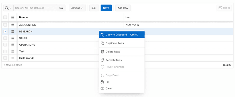 An interactive grid. On a row a menu is opened with the options 'copy to clipboard', 'duplicate rows', etc.