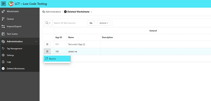 Interactive Grid on the page Deleted Workspaces