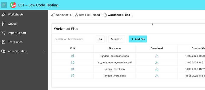 An interactive grid that shows file names, an edit and a download button in the columns.