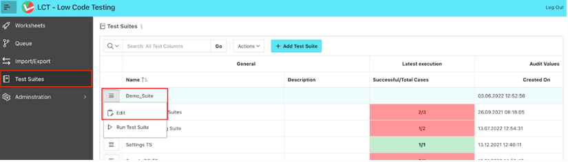 Screenshot of LCT Test Suite overview with the edit button highighted