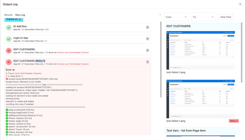 On the left side is a list of cases. It shows the case title and a colored icons. Successfull tests show green checkmarks, failed ones red x's. A failed one is expanded where it shows that step 6 named 'Hover over interactive grid' failed