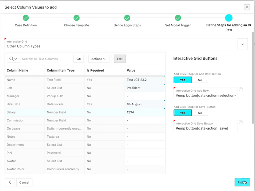 A modal apex page lets the user choose an interactive grid from a popup lov. Below is an Interactive Grid with rows that represent columns of the selected grid. Users can enter values for each column.