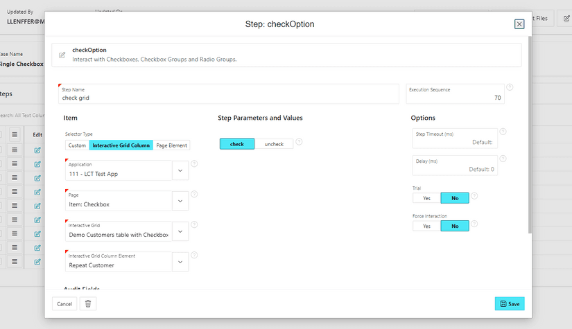 A modal page with the heading 'Step: checkOption'. On the left you can select a page item or an interactive grid column where the date picker is located. Depending on the item selected, an option name is displayed and the user can choose to tick or untick the checkbox.