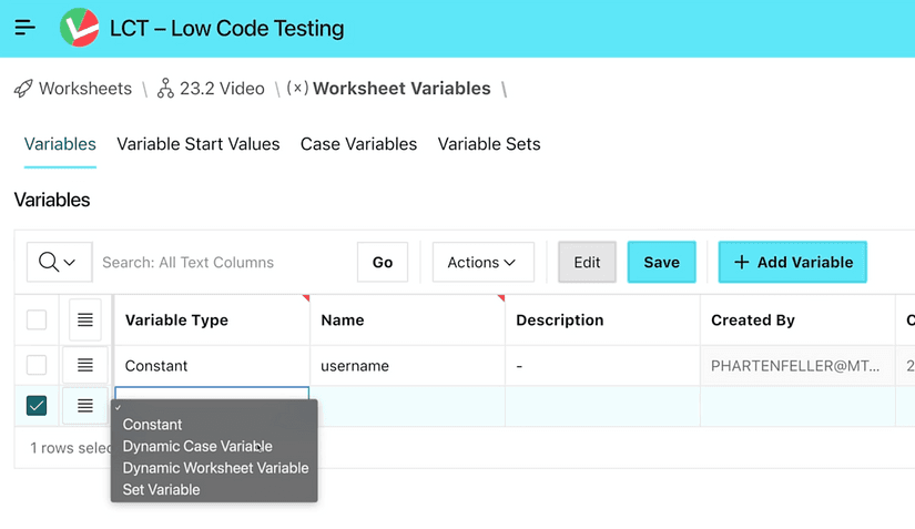 An interactive grid where the user can define variables. One column is named type where one row is edited. It shows a select list with all variable types.