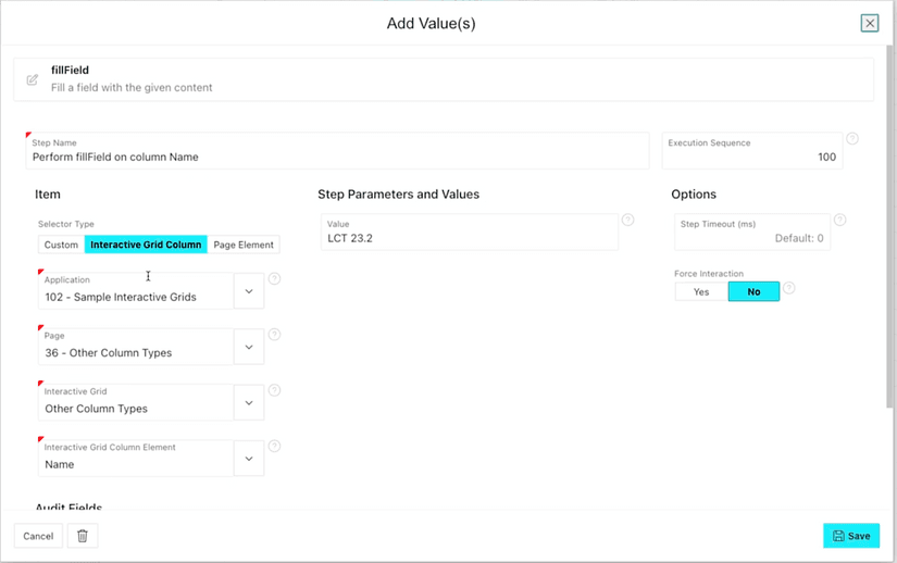 A modal page with the header 'fillField'. On the left side you can select an item. A switch allows to choose between custom selectors, interactive grid columns and page items.