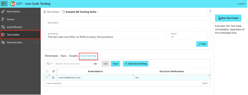 Screenshot of the detail view of a LCT Test Suite with the email settings tab highlighted